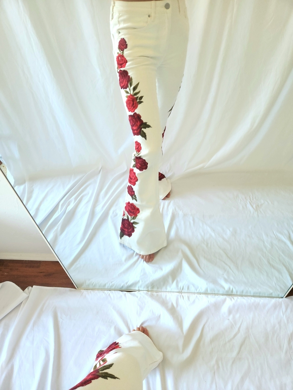 Free People White Bootcut Jeans with Red Rose Embroidery